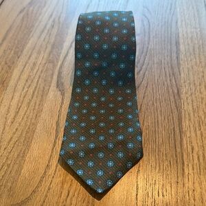 Kiton Olive Green Tie with Blue and Red Floral Medallions